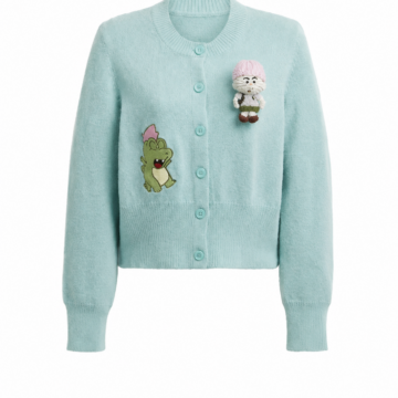 Light Blue Crew Neck Cardigan with Doll Appliqués