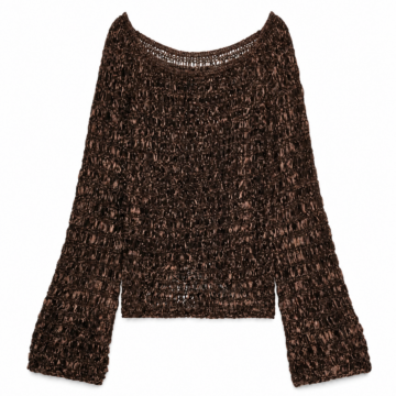 Dark Brown Open-Knit Scoop Neck Sweater with Wide Sleeves