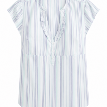 White Striped Button Front Blouse with Ruffle Trim