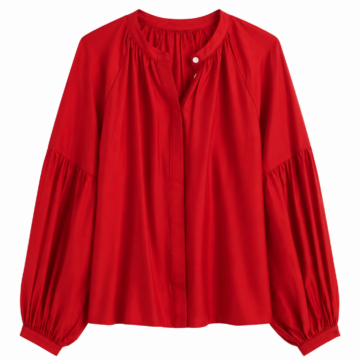 Solid Red Split Neck Blouse with Voluminous Sleeves