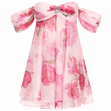 Pink Floral Off-Shoulder A-Line Mini Dress with Puff Sleeves