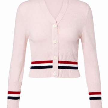Pale Pink Cropped V-Neck Cardigan with Striped Ribbed Trim