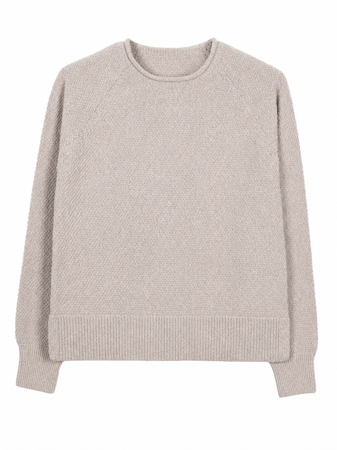 Beige Textured Crewneck Sweater with Raglan Sleeves