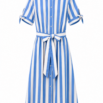 Blue and White Striped Midi Shirt Dress with Belt