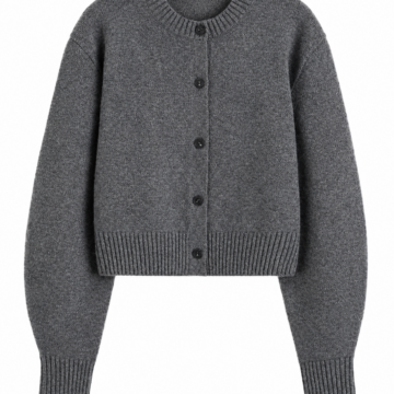 Dark Heather Grey Cropped Cardigan with Crew Neck and Ribbed Trim