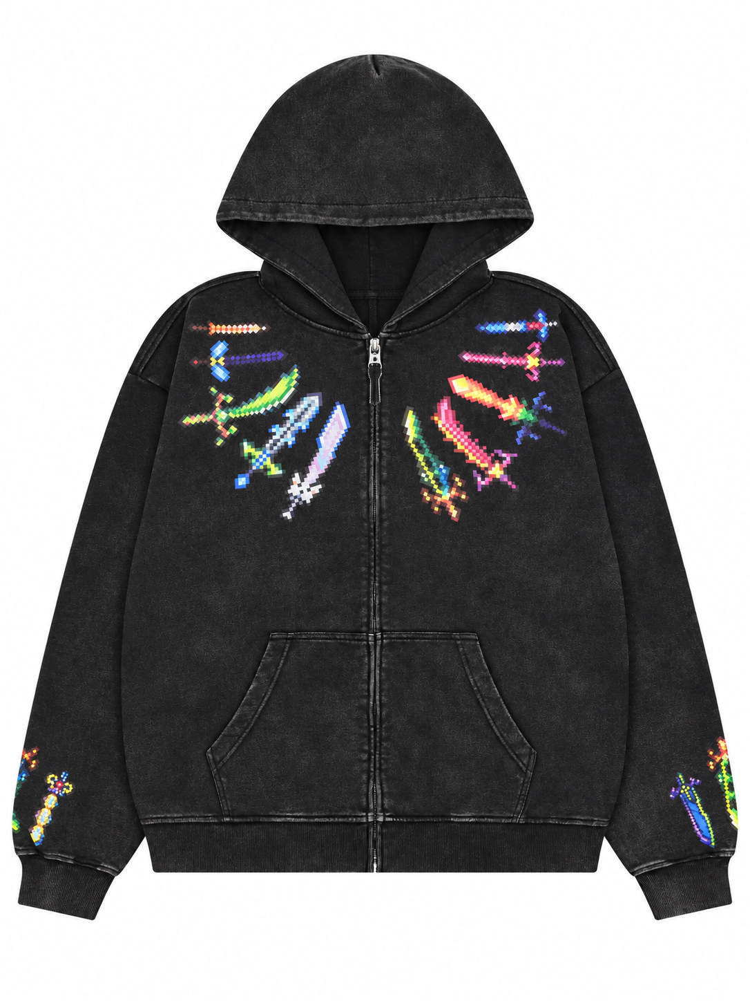 Black Acid Wash Zip-Up Hoodie with Graphic