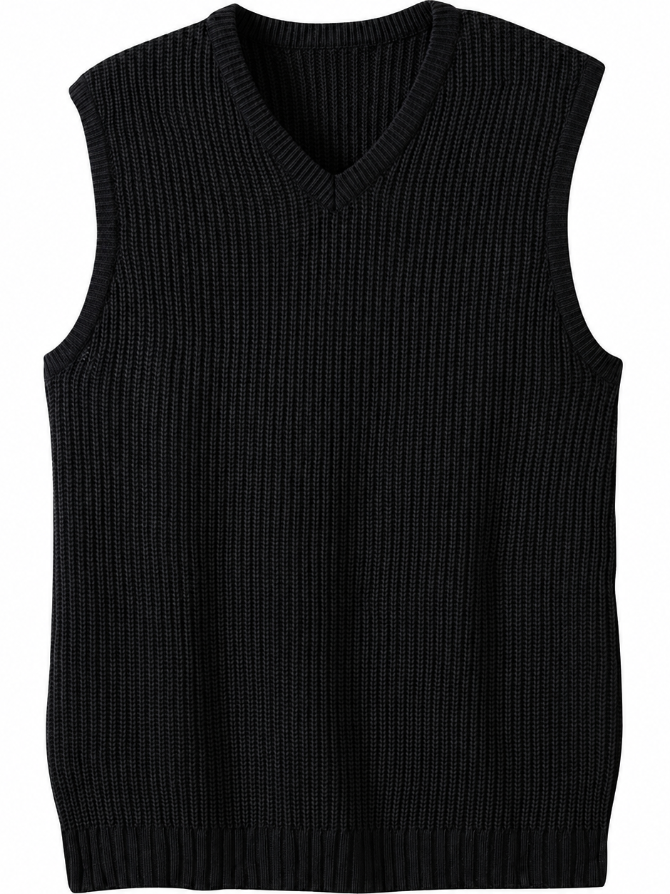 Black Ribbed Knit Sweater Vest with V-Neck