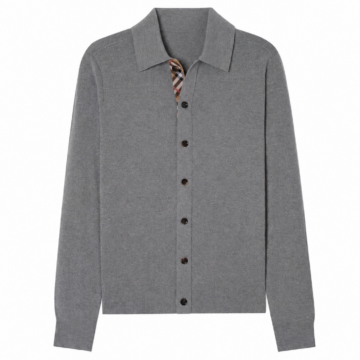 Medium Grey Knit Cardigan with Polo Collar and Check Inner Collar