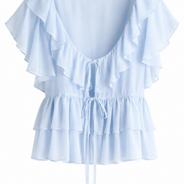 Light Blue Peplum Blouse with Ruffle Trim and Tie Front
