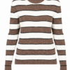 Brown Striped Crewneck Knit Sweater with Ribbed Cuffs