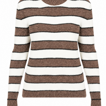 Brown Striped Crewneck Knit Sweater with Ribbed Cuffs