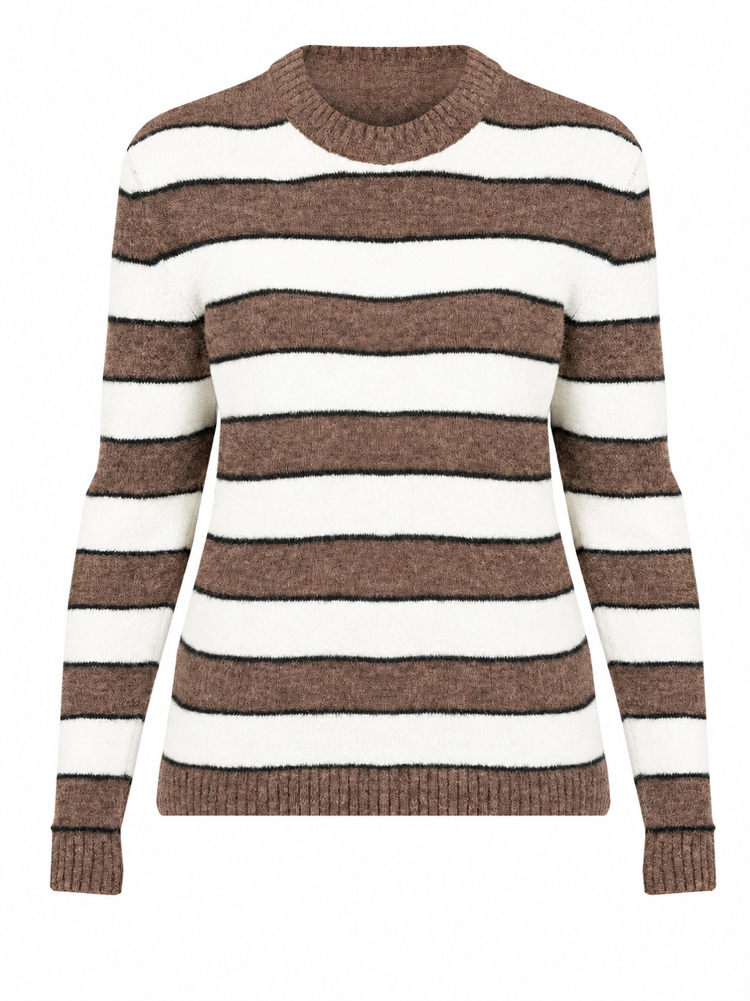 Brown Striped Crewneck Knit Sweater with Ribbed Cuffs