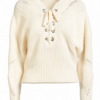 Cream Lace-Up Neck Ribbed Knit Sweater with Eyelet Details