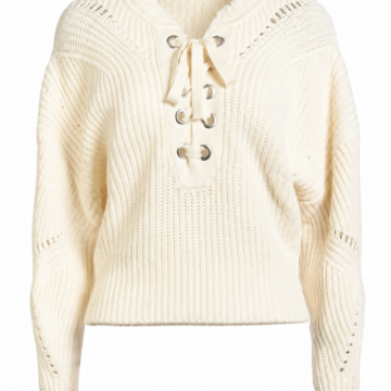 Cream Lace-Up Neck Ribbed Knit Sweater with Eyelet Details