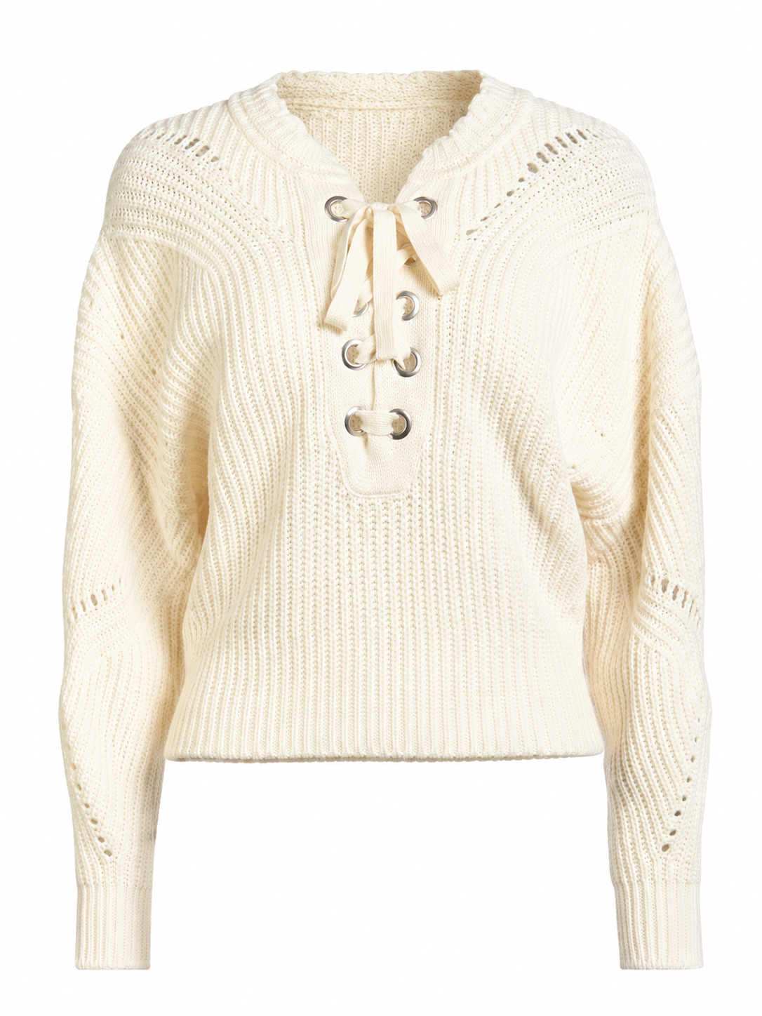 Cream Lace-Up Neck Ribbed Knit Sweater with Eyelet Details