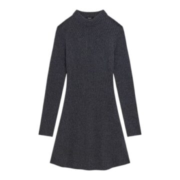 Dark Grey Ribbed Mock Neck Knit Sweater Dress