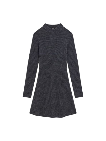 Dark Grey Ribbed Mock Neck Knit Sweater Dress